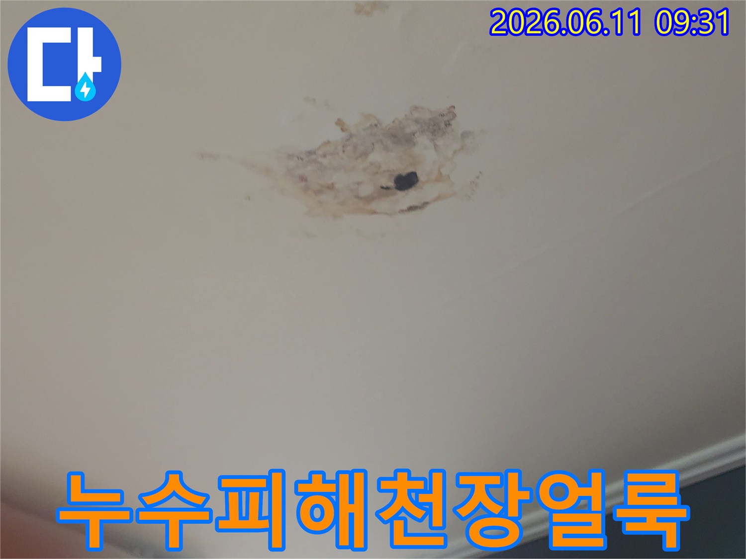 천장-한가운데-물이-새어-얼룩지고-마감재가-손상된-심각한-누수-현장
