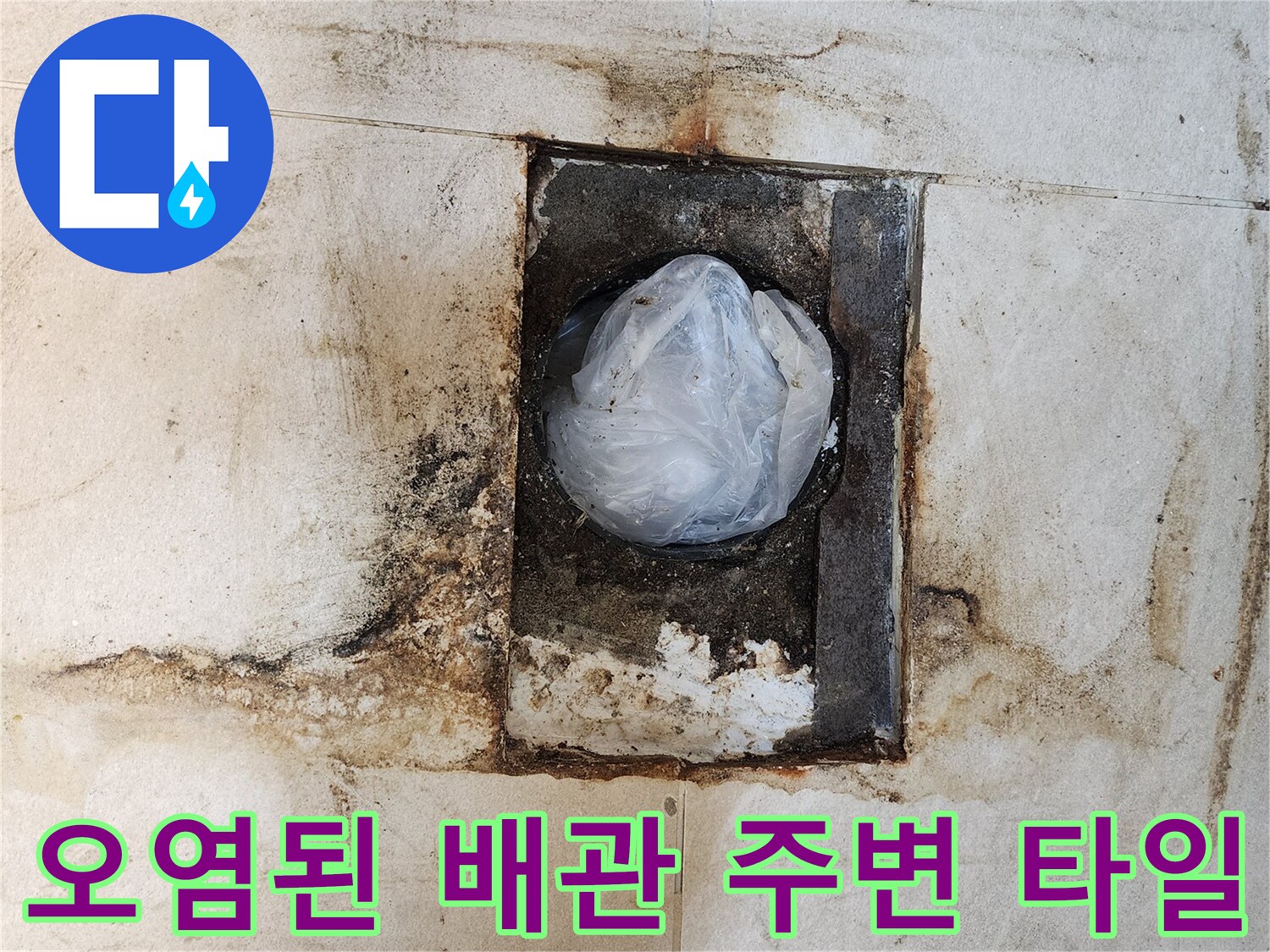 누수로 인해 물때가 끼고 오염된 변기 배관 입구 부근의 타일