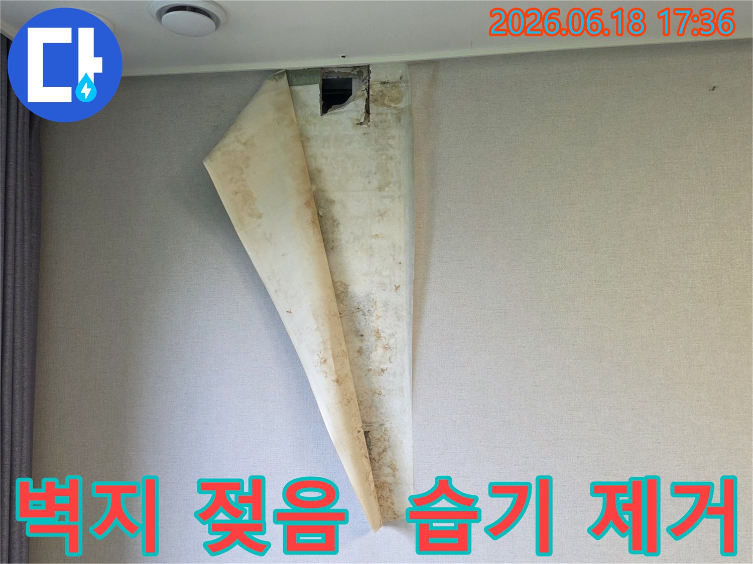 누수로 인해 벽지가 젖고-들뜨며-곰팡이가 발생한 아파트 벽면의 모습으로-습기 제거가 시급함