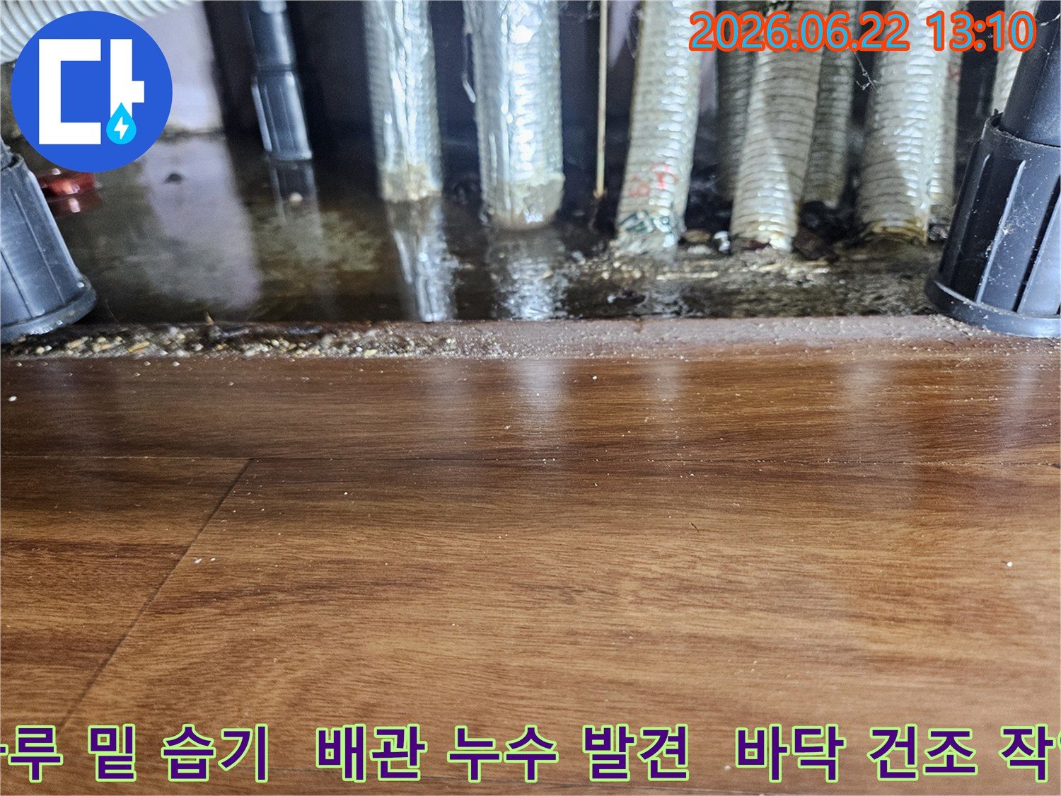 마루 하부에서-발견된-배관-주변의-습기와-물고임-현장을-보여주는-누수-사진