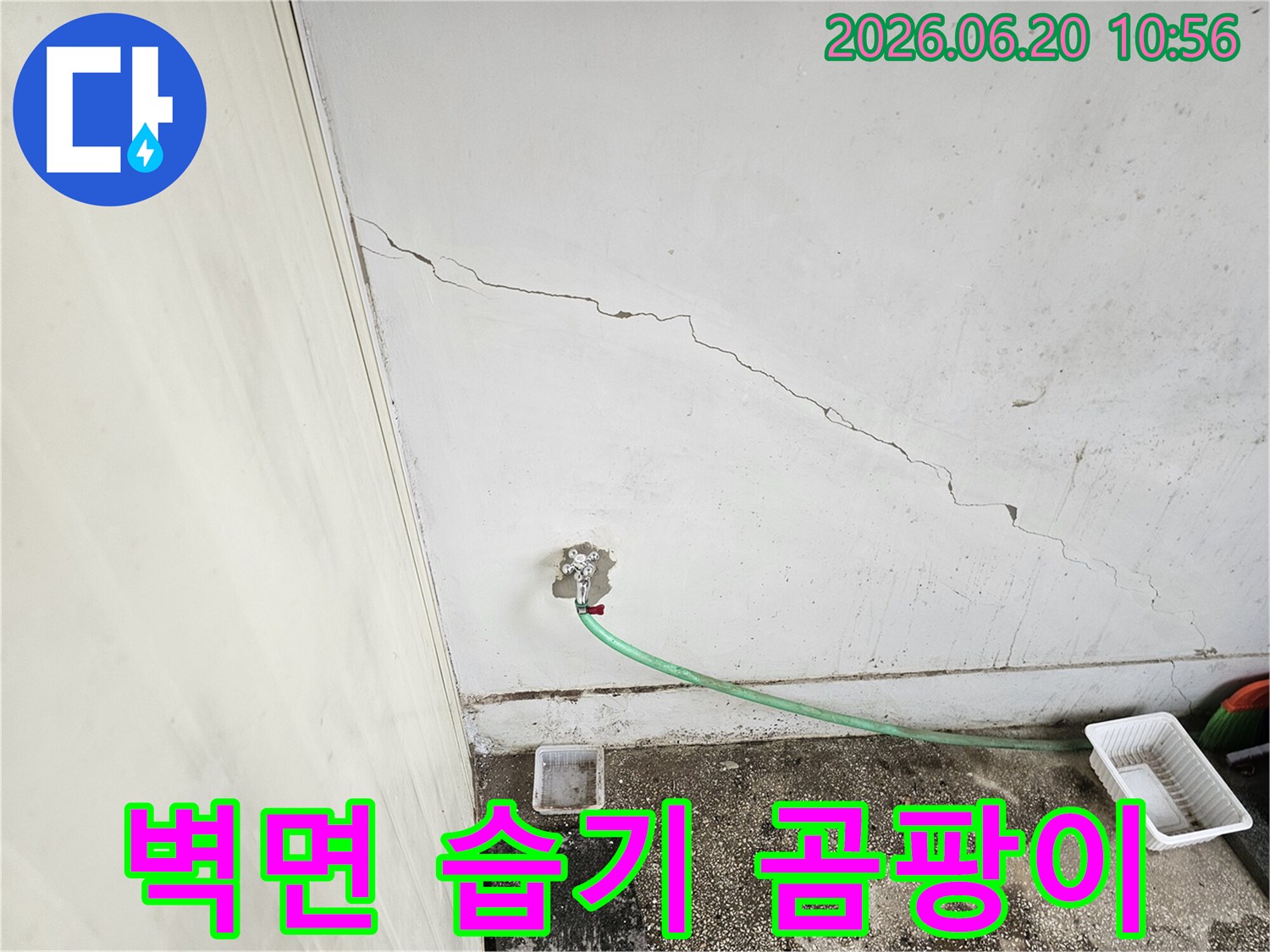 천장 균열로 인해 벽면에 습기가 차고 곰팡이가 발생한 현장-누수 해결과 곰팡이 제거가 시급합니다
