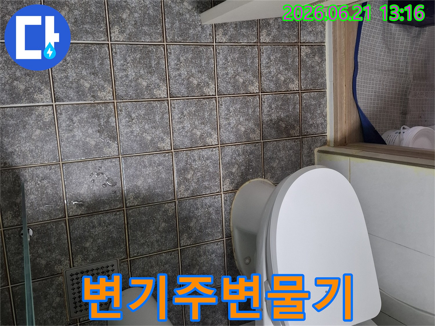 변기 주변 바닥 타일에-물기가 스며든 모습으로-누수 지점을 파악하기 위한-초기 점검 사진입니다