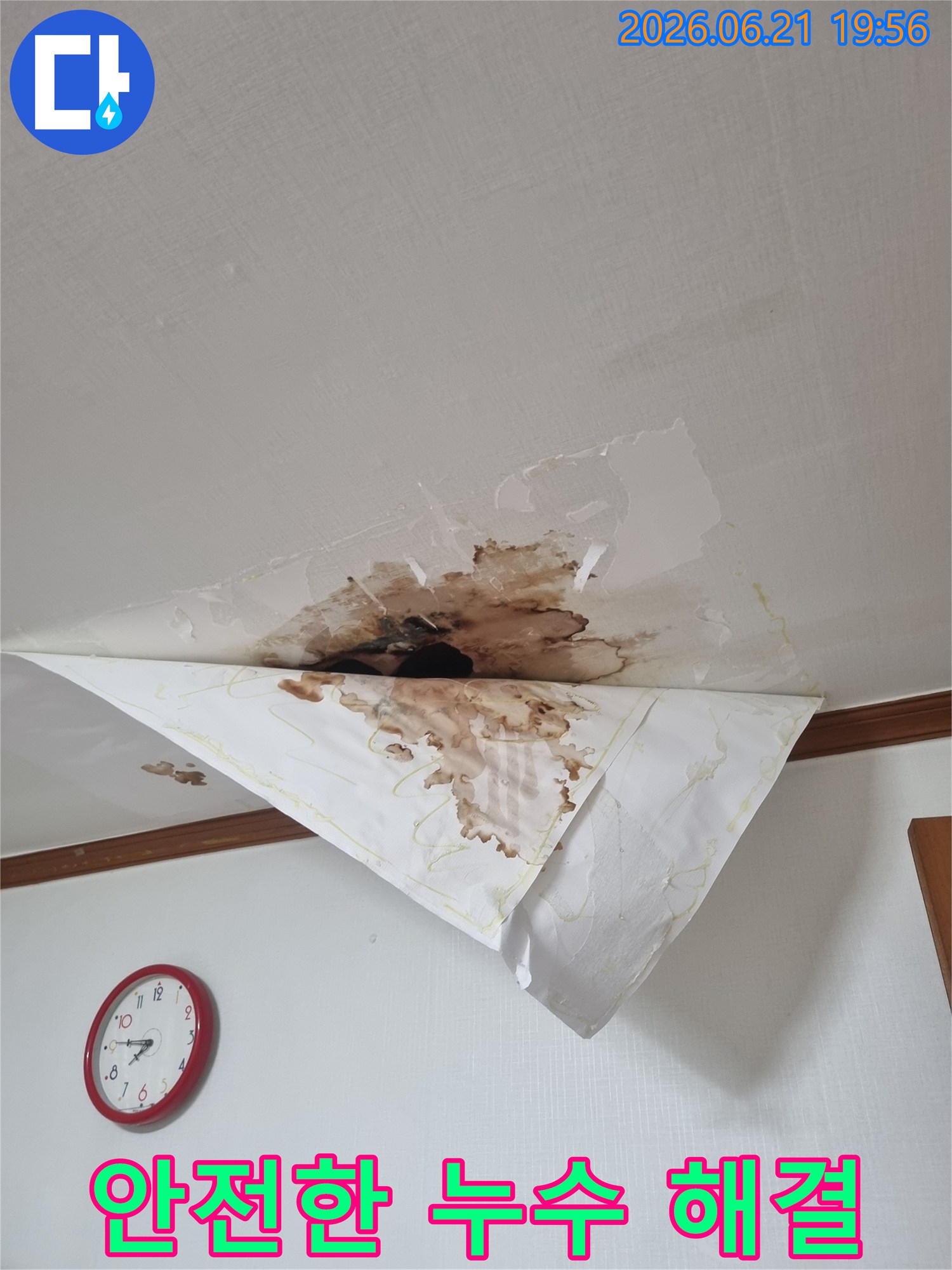 천장에서 물이 새어 벽지가 젖고 얼룩진 모습-안전하고 확실한 누수 해결을 위한 전문가의 도움이 필요합니다
