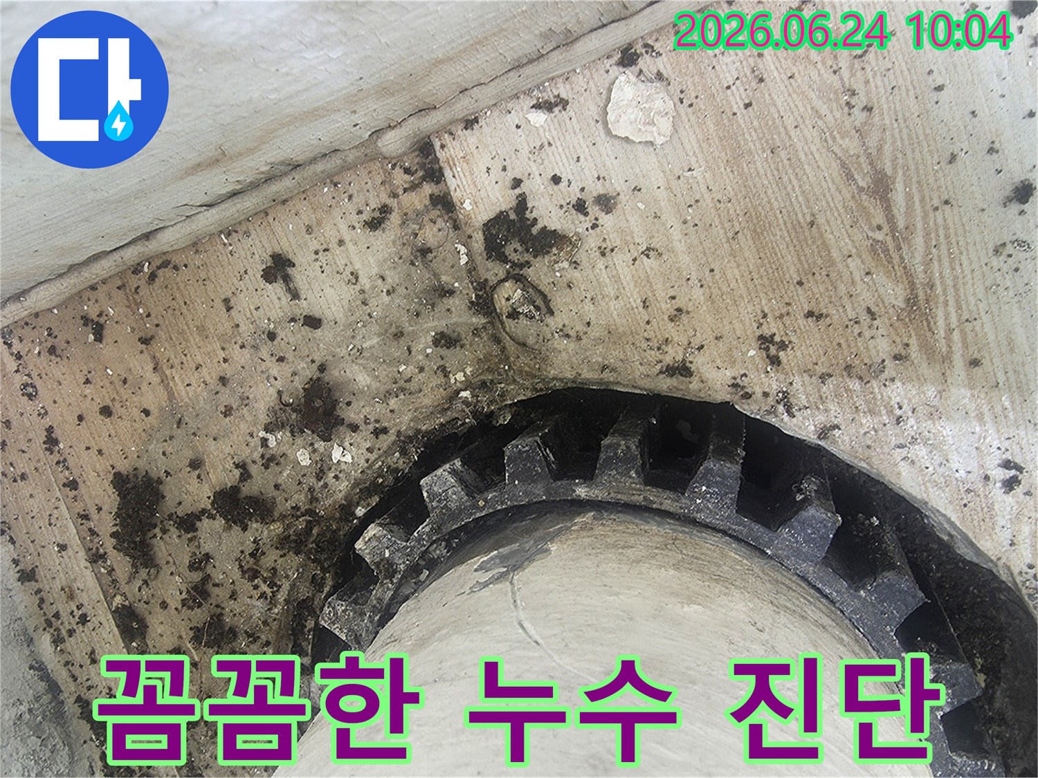 오래된 배관 주변에-물이 새어-검은 곰팡이와-물때가 심하게-생긴 모습을-보여주는 누수 현장