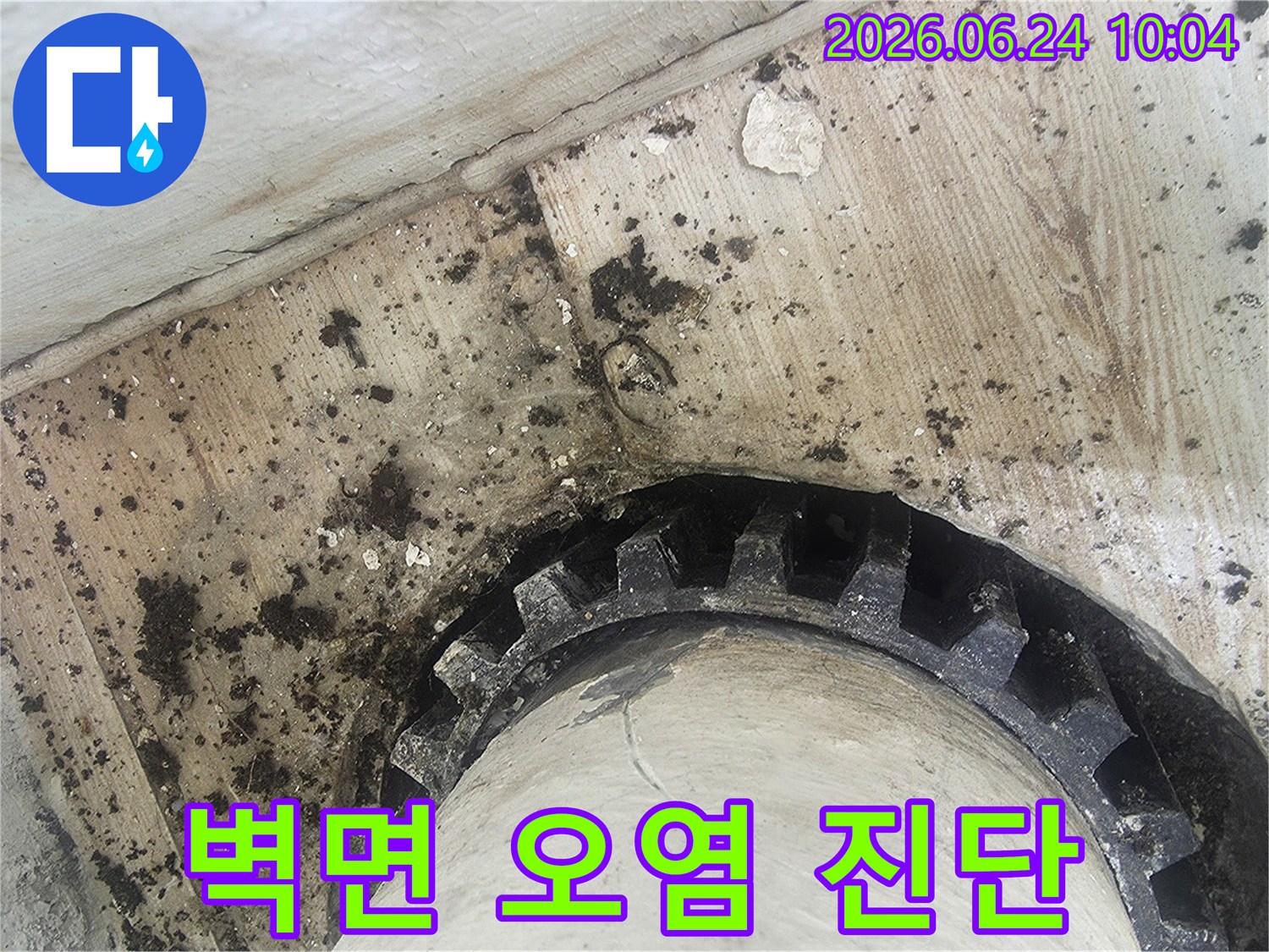 오래된 배관 주변에서-물이 새어-벽면에 검은 물때와-곰팡이가 생긴-누수 현장 사진
