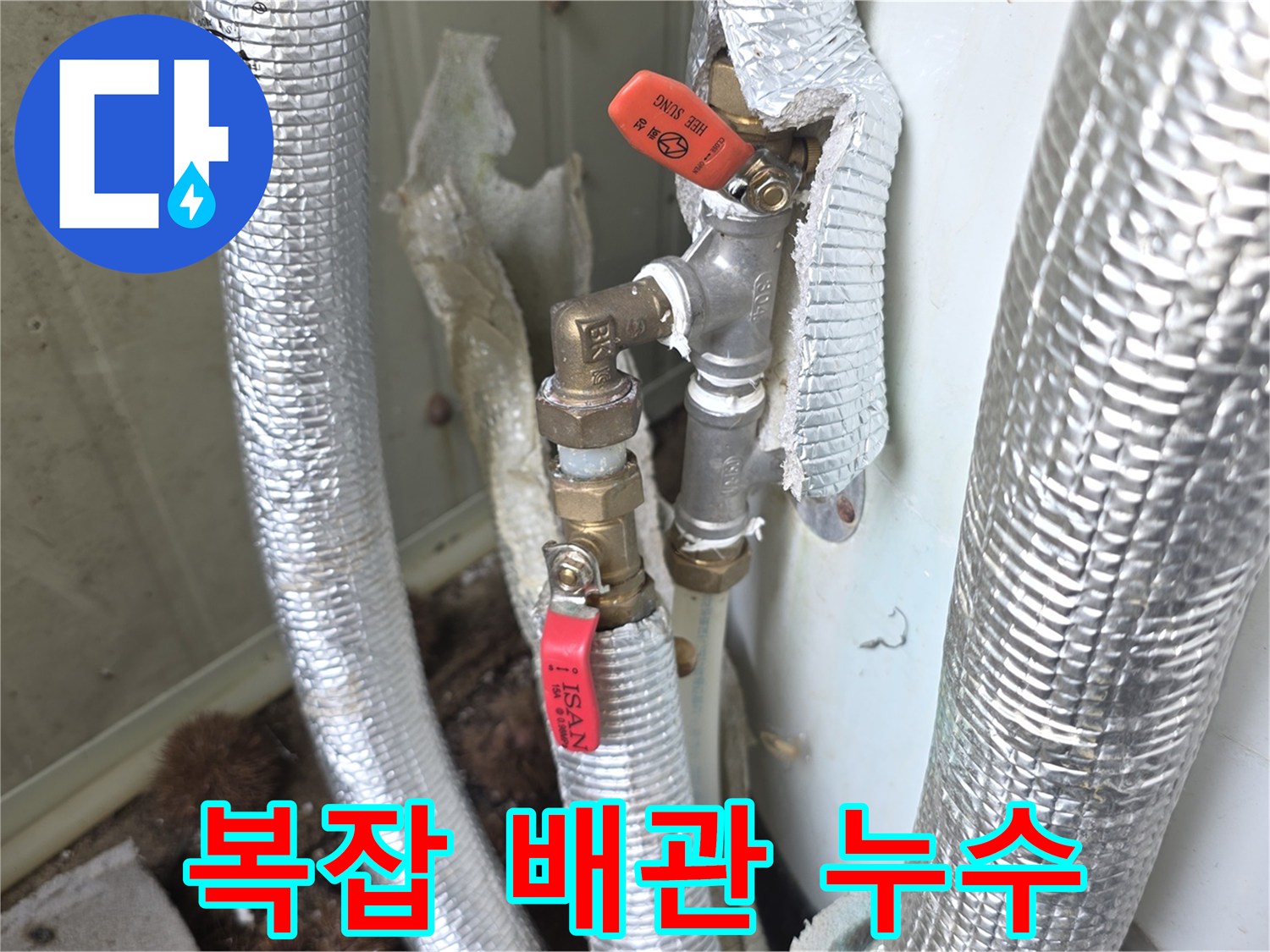 이천시-모가면-상가-건물에서-복잡하게-얽힌-배관-사이의-누수-지점을-찾아내기-위해-꼼꼼히-점검하는-현장-사진입니다.