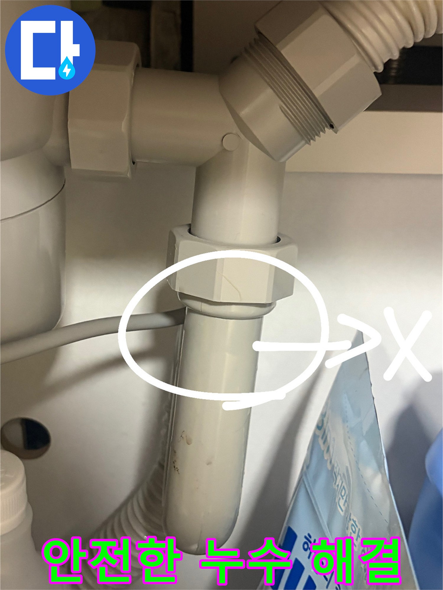 이 이미지는 싱크대 배수관의 연결부에서-발생한 누수 문제를-안전하고 위생적으로 해결하는 과정을 보여줍니다.