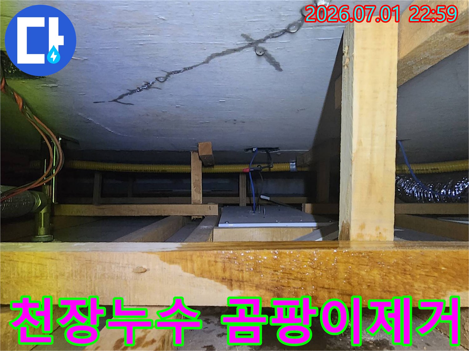 천장 균열과 젖은 목재 구조물-그리고 물이 고인 바닥을-보여주는-곰팡이 발생 우려 현장입니다.