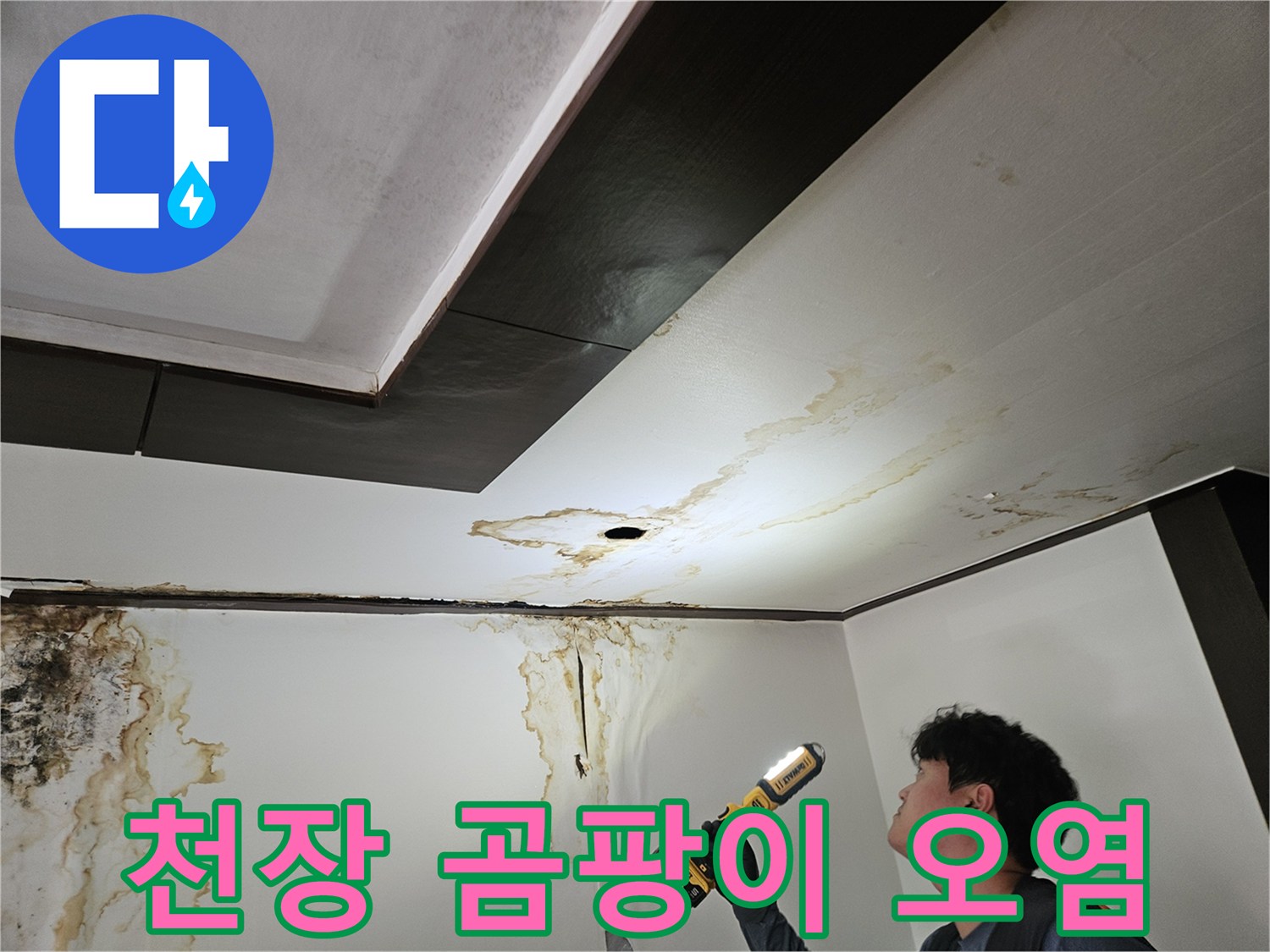 물샘으로 인해 변색되고 곰팡이가 생긴 천장과 벽면