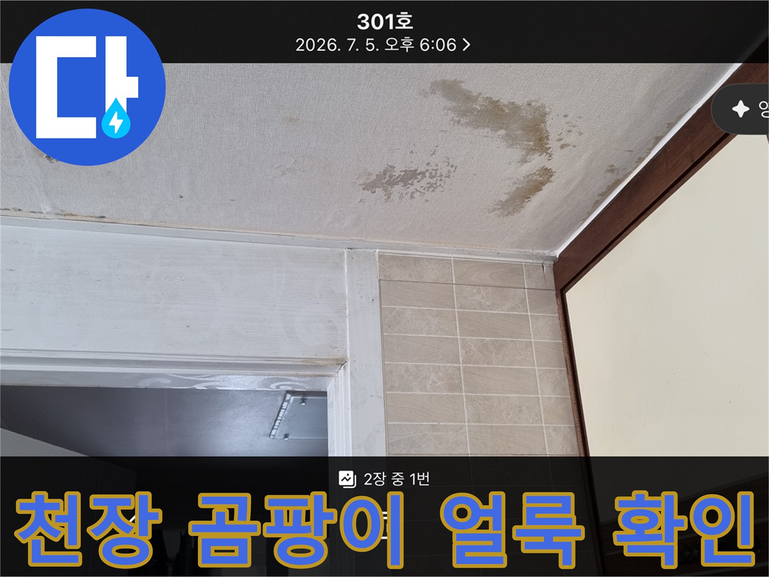천장 마감 부위-누수로 인한 곰팡이 번짐 현상