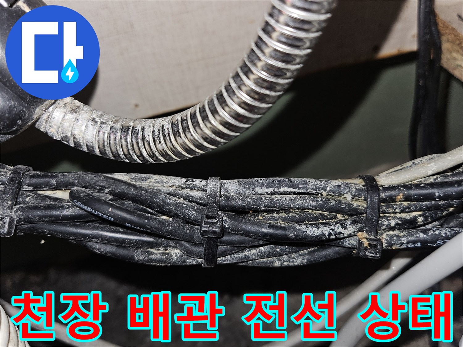 아파트 천장 내부의 복잡한 전선과 금속 주름관 모습