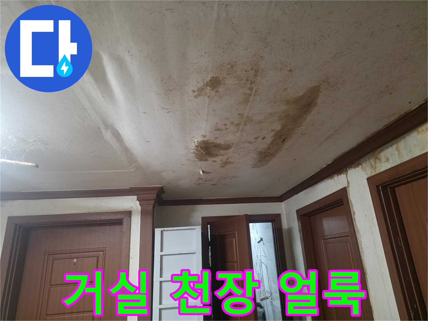 부천 오정구 거실 천장에 발생한 넓은 누수 얼룩과 변색된 상태