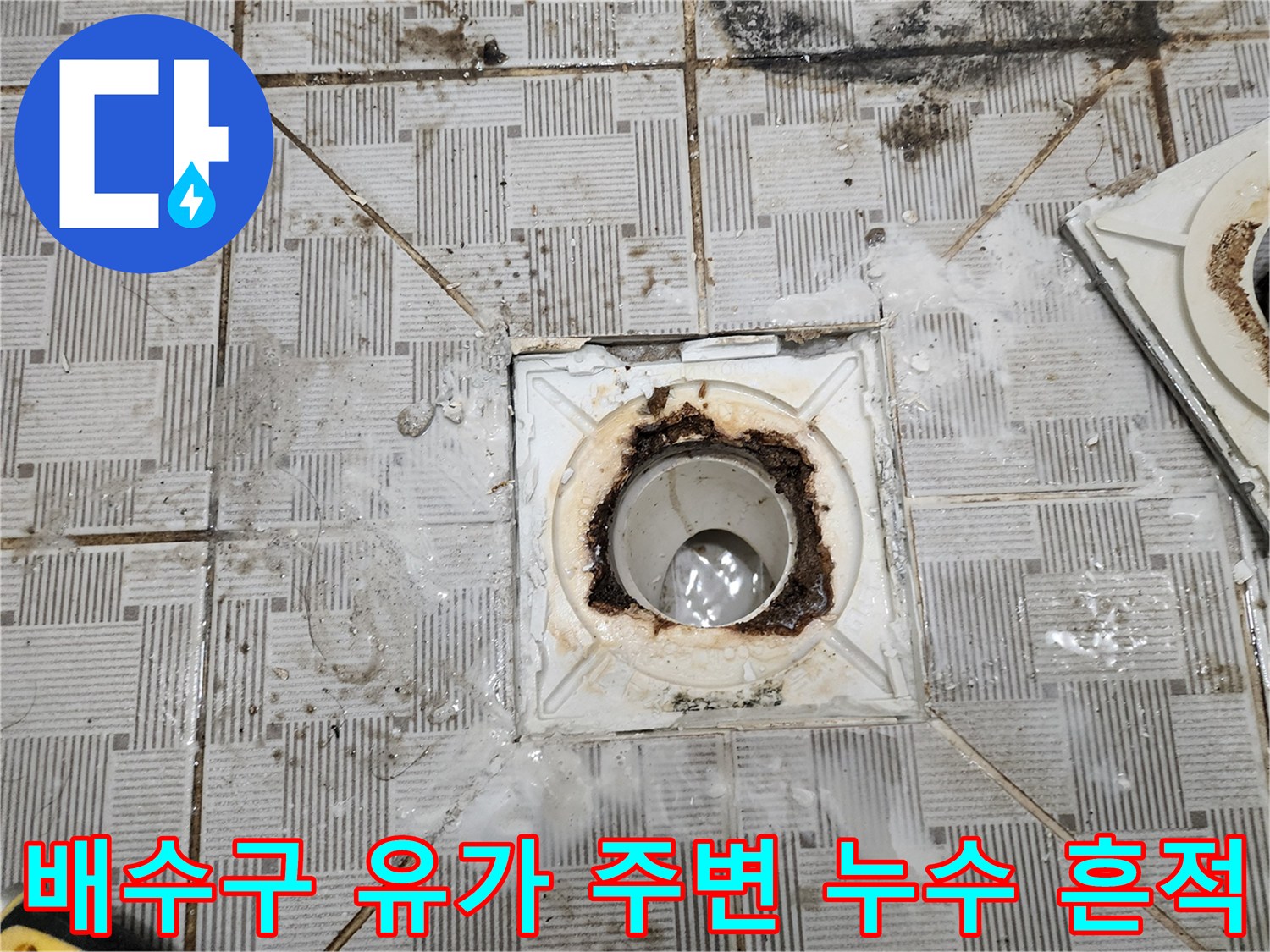 하수구 배수구 주변의 침투된 물과 오염된 상태를 보여줍니다.