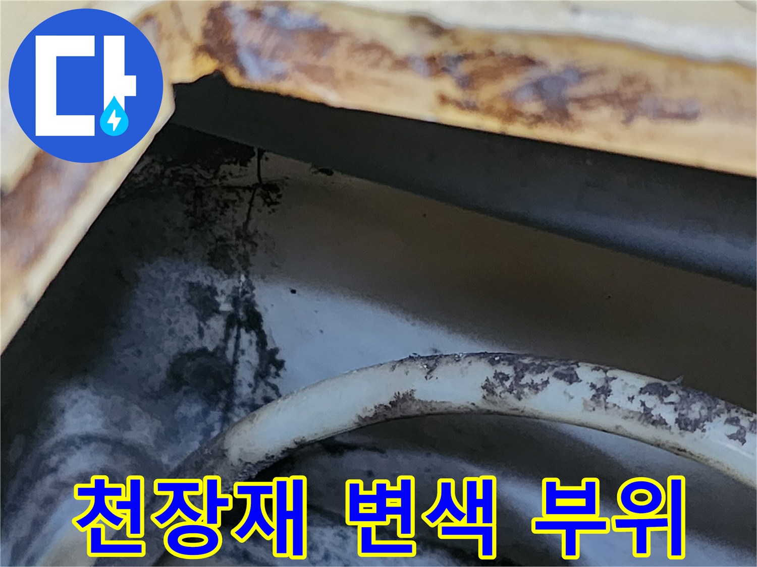 오염된 물로 인해 갈색으로 변한 천장 마감재 부근
