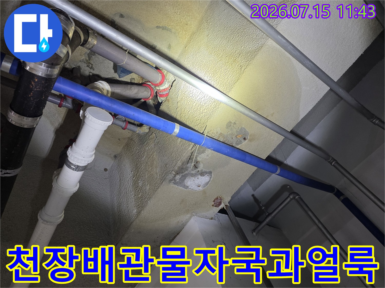 아파트-천장에-설치된-여러-가닥의-배관과-주변-콘크리트-표면의-누수-흔적