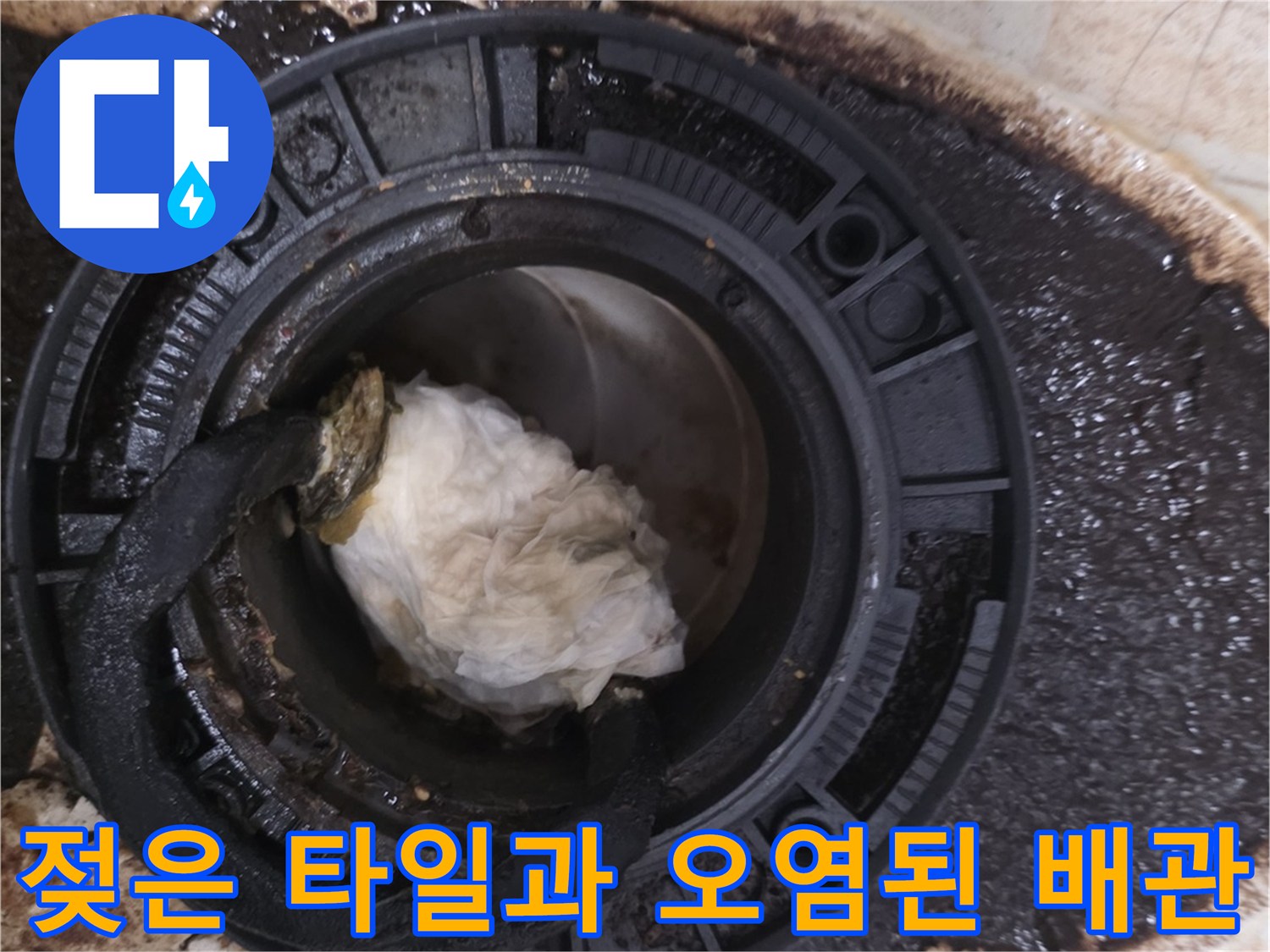 변기 탈거 후 드러난 오염된 배수구와 젖은 바닥