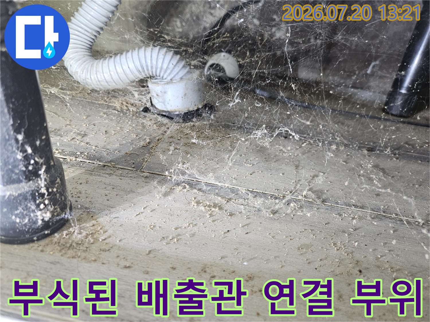 오염물질이 묻은 세탁기용 주름관과 접합부 점검