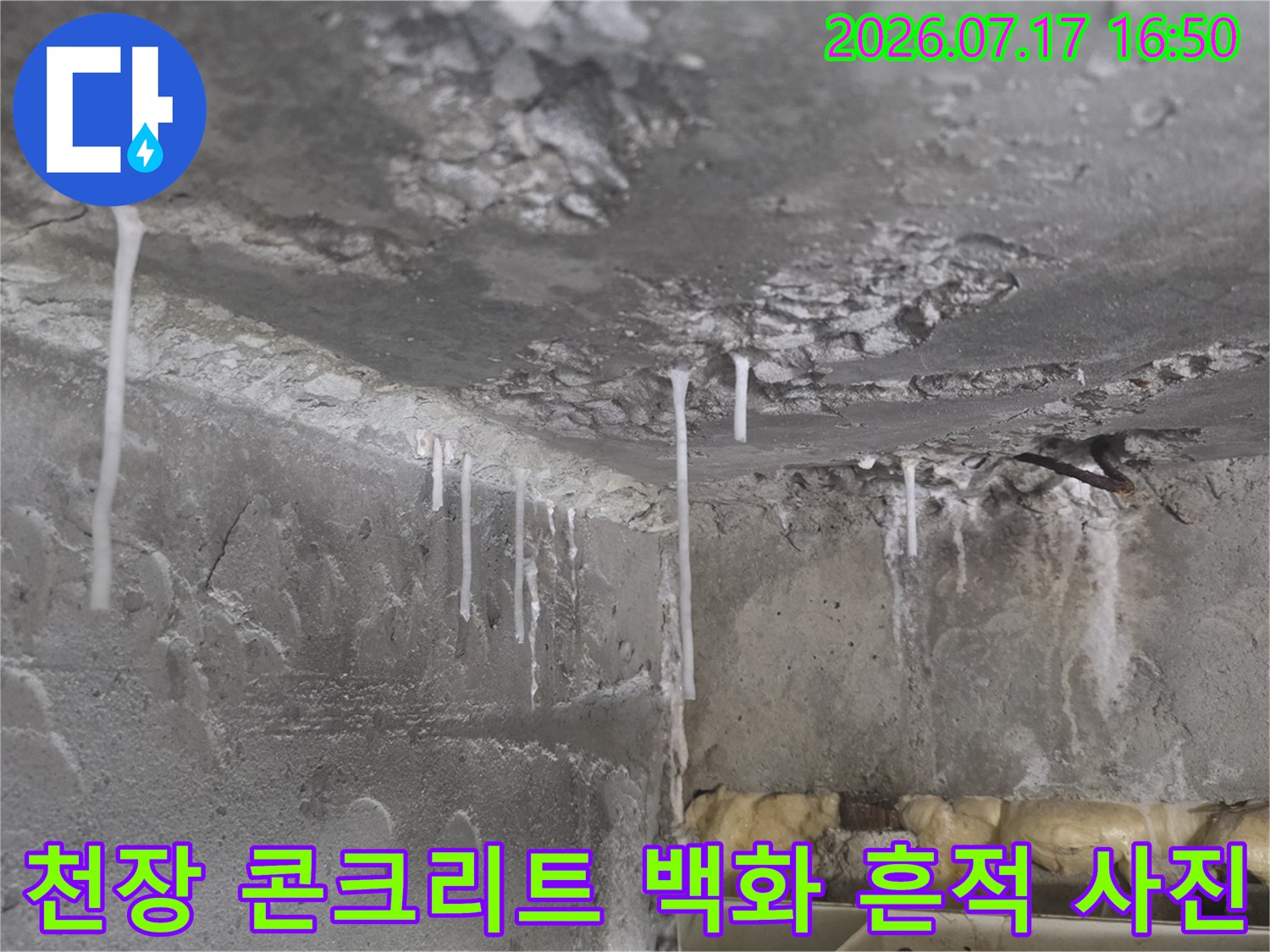 화장실 천장의 노출된 콘크리트 면에 발생한 하얀색 석회질 누수 자국들