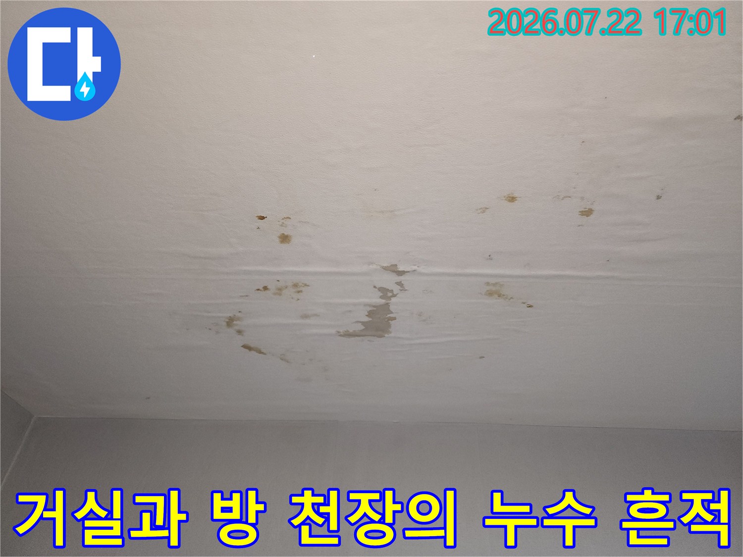 지속적인 물 유입으로 인해 얼룩지고 변색된 천장 벽면의 모습