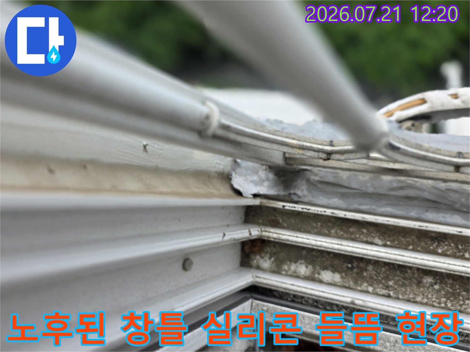 벗겨지고 벌어진 외부 창틀 실리콘과 빗물 유입 경로 확인