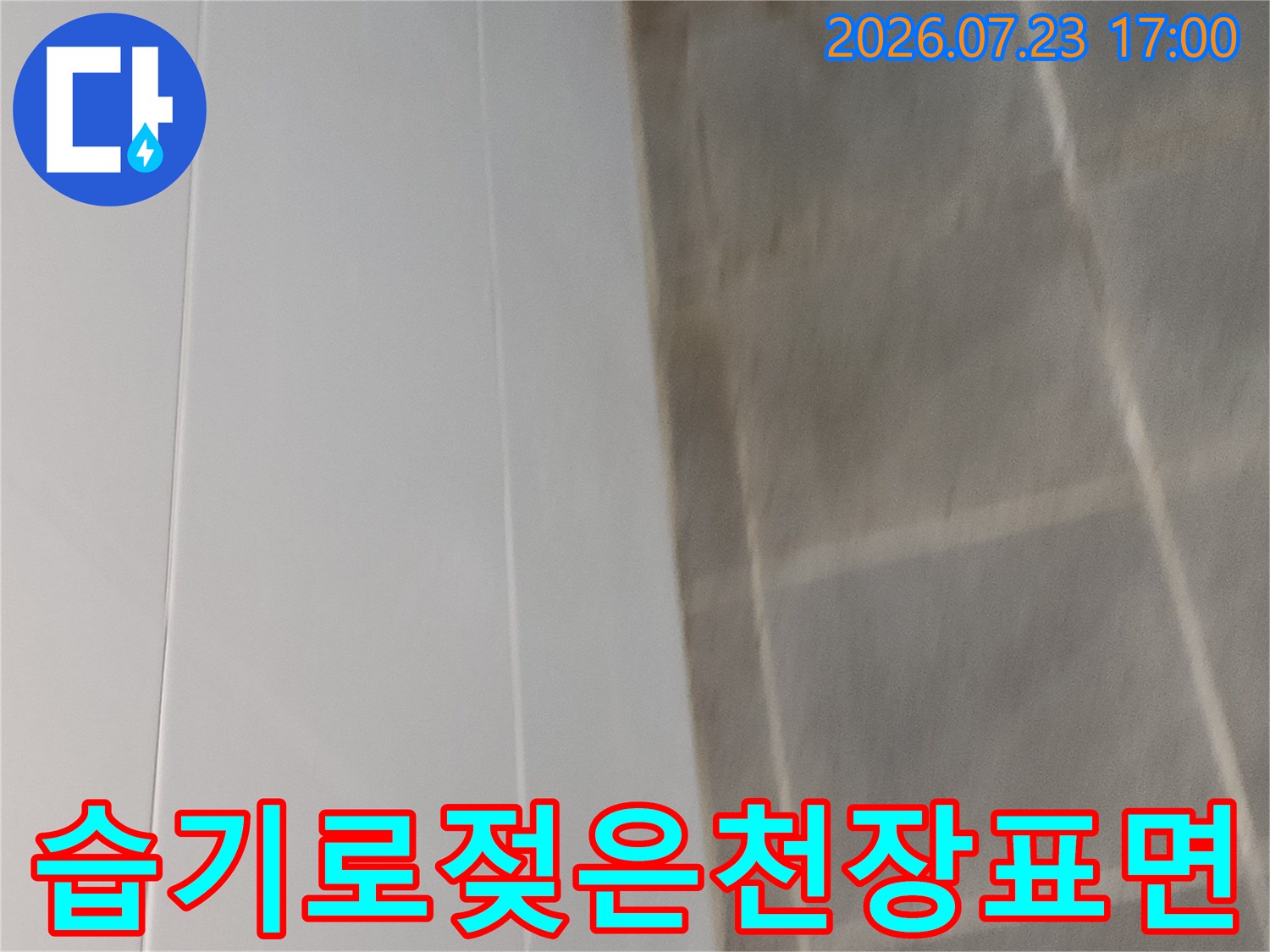 거실 천장 텍스나 석고보드 표면에 발생한 누수 얼룩과 습기 흔적