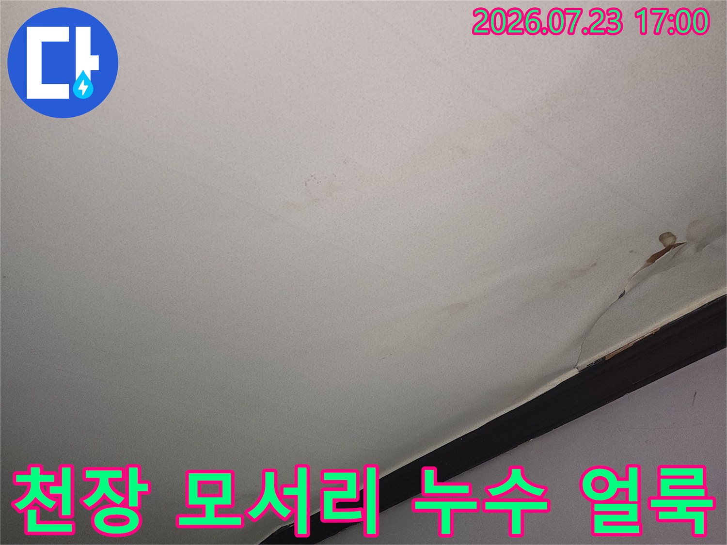 거실 천장과 벽면 경계 부분에 발생한 갈색 누수 얼룩-사진