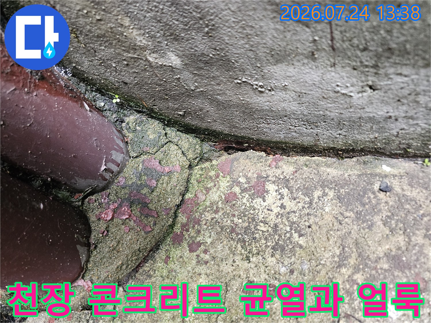 반지하-천장-콘크리트-표면에-발생한-균열과-붉은색-얼룩-사진