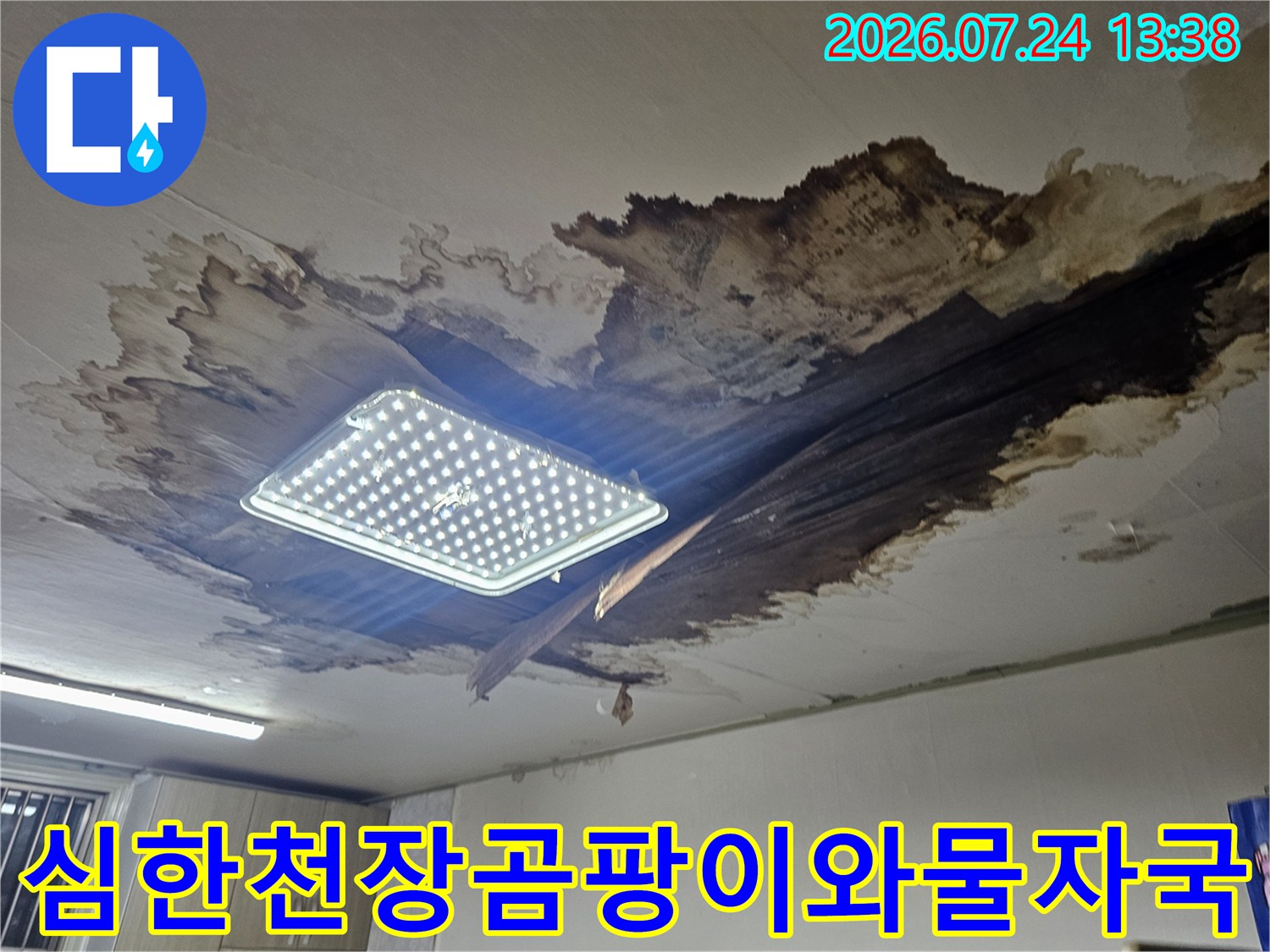 전등-주위에-검게-번진-누수-얼룩과-손상된-천장-표면
