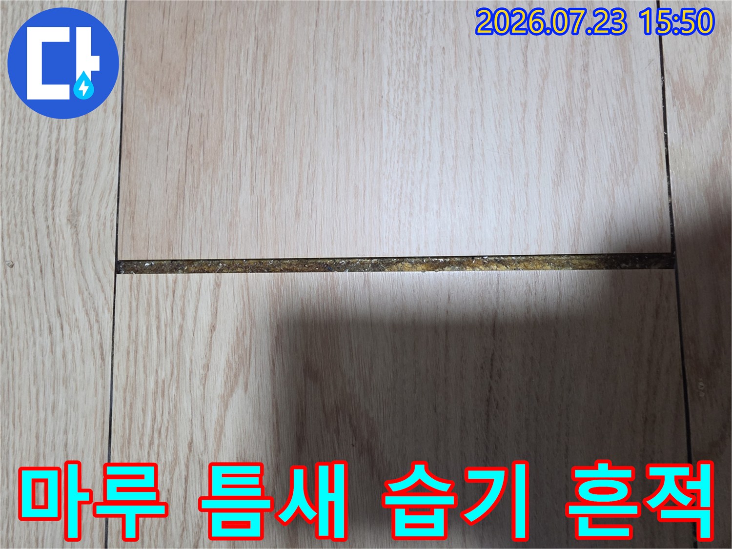 나무 소재의 거실 마루-판재 연결 부위가 습기로 인해 어둡게 변한 사진