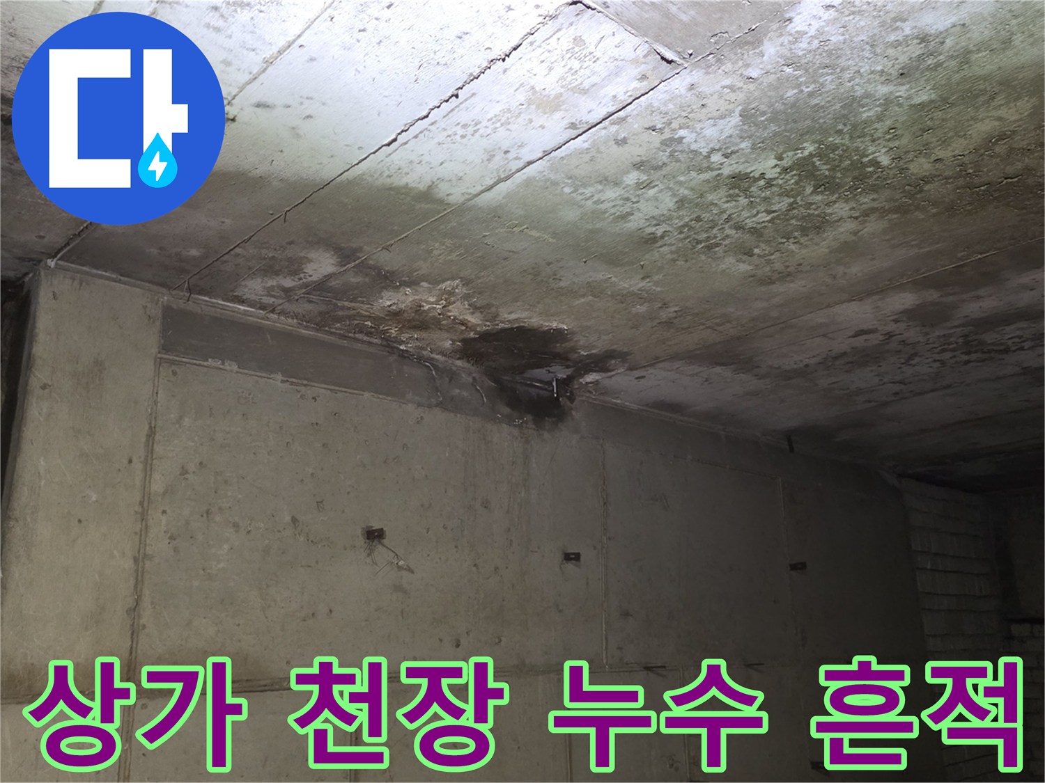 분당 수내동 상가 천장 슬래브의 물샘 흔적과 오염 상태