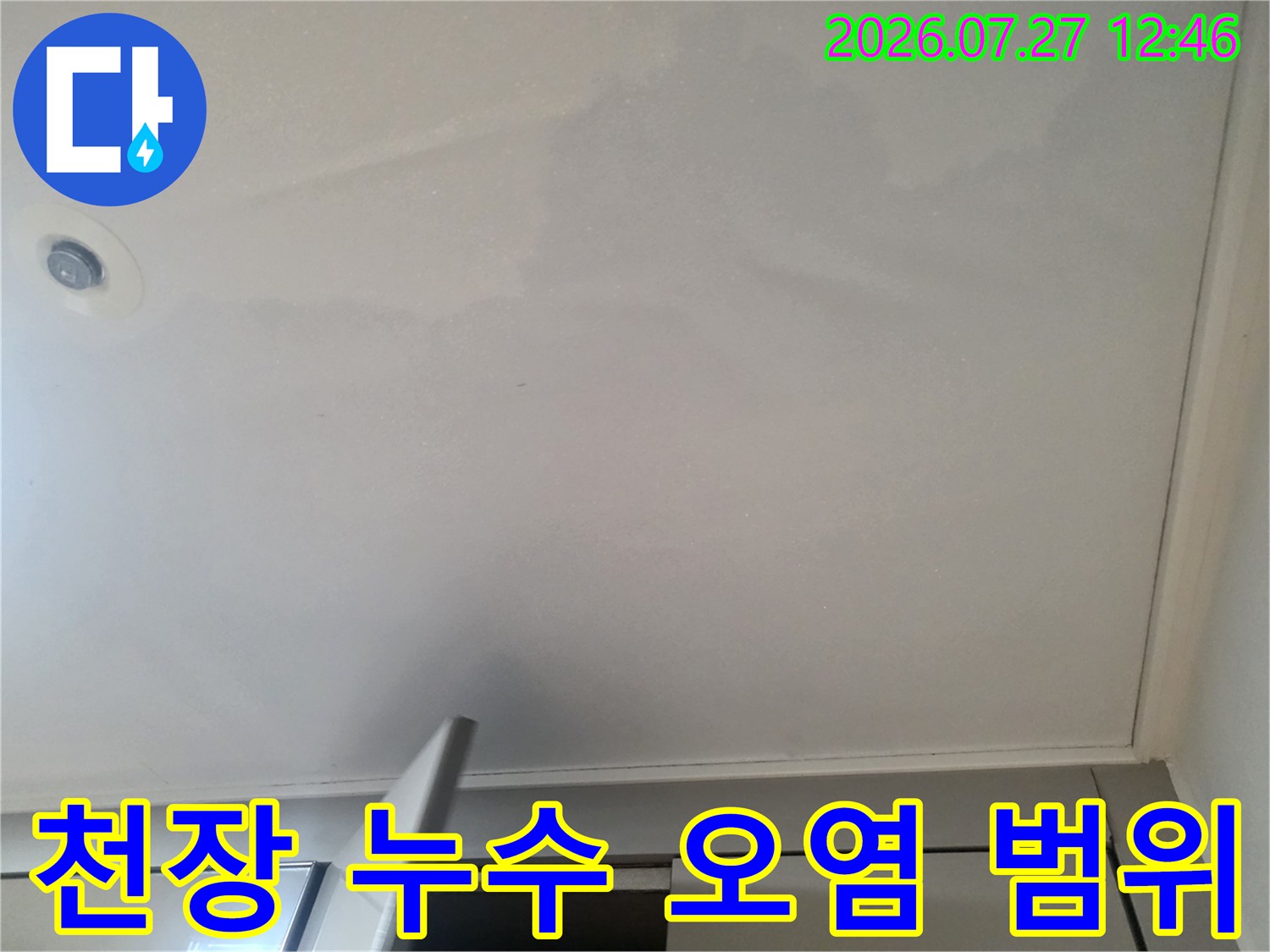 흰색 천장지 위로 나타난 불규칙한 모양의 젖은 흔적과 얼룩-사진