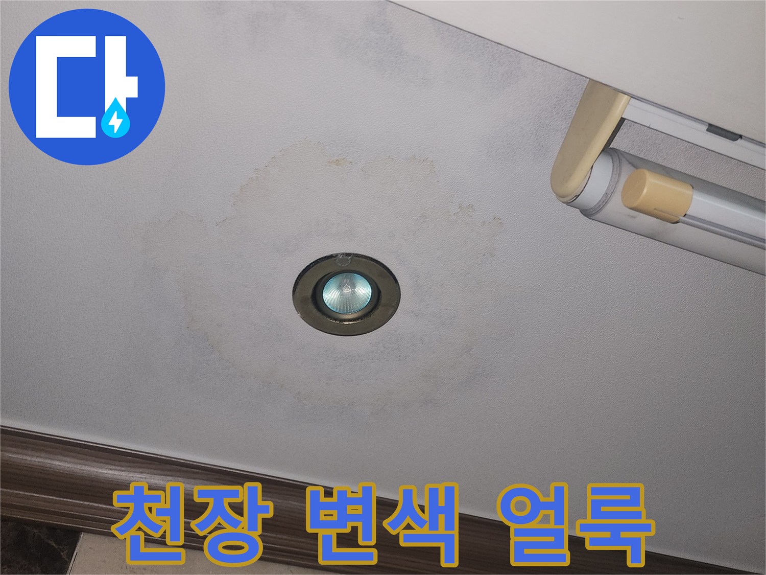 아파트 거실 천장 조명 주변의 물자국과 변색된 벽지 상태