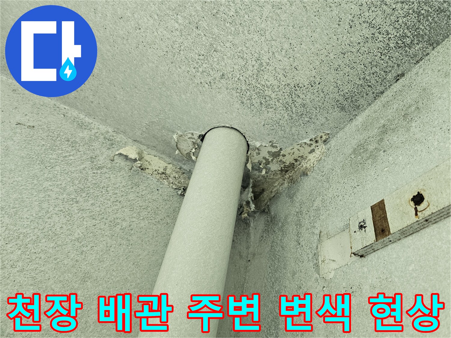 배관 주변의 천장 마감재가 습기로 인해 변색되고 부식된 상태