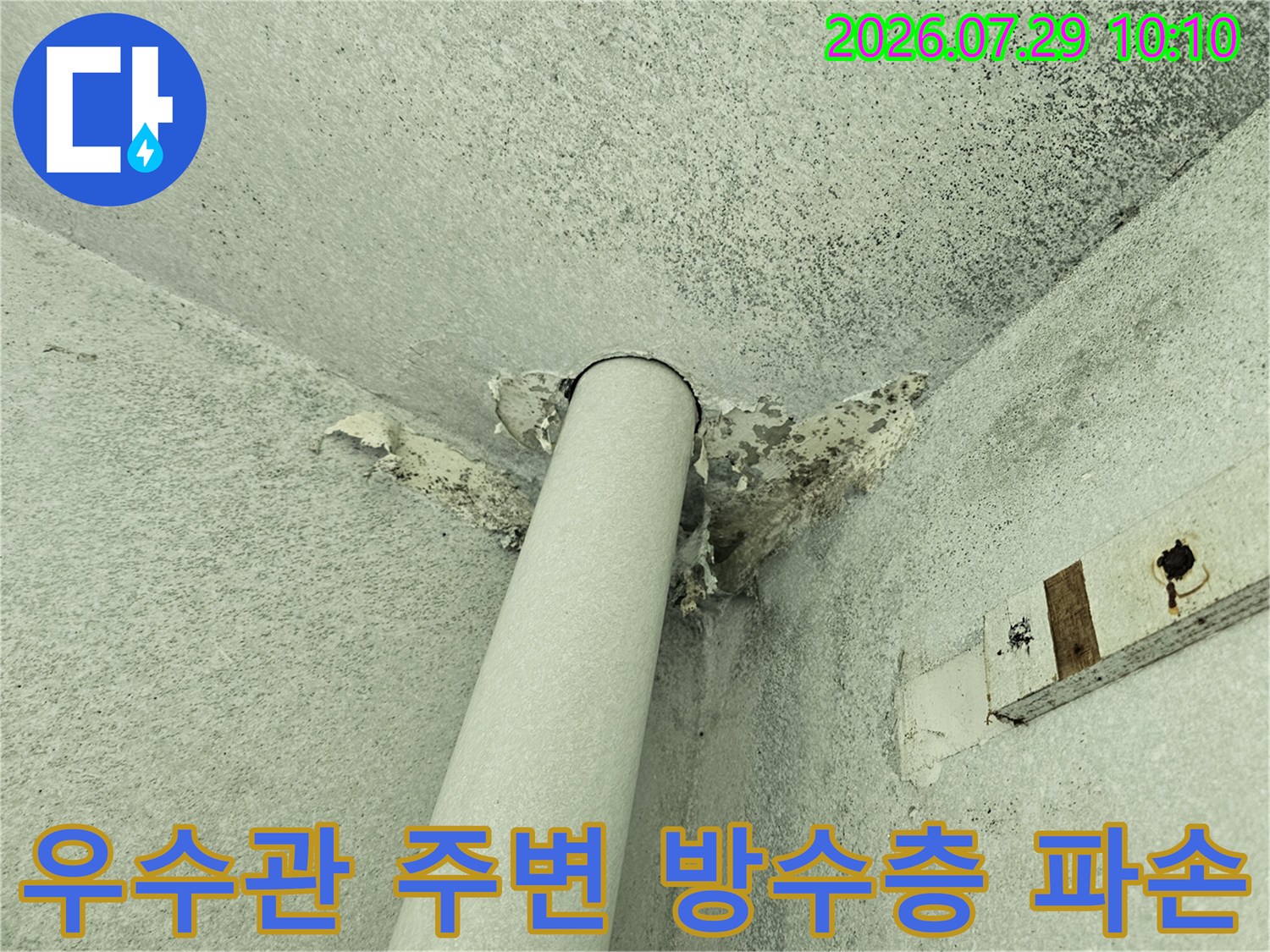 탈락한 마감재와 노출된 우수관 배관 주변의 손상 부위