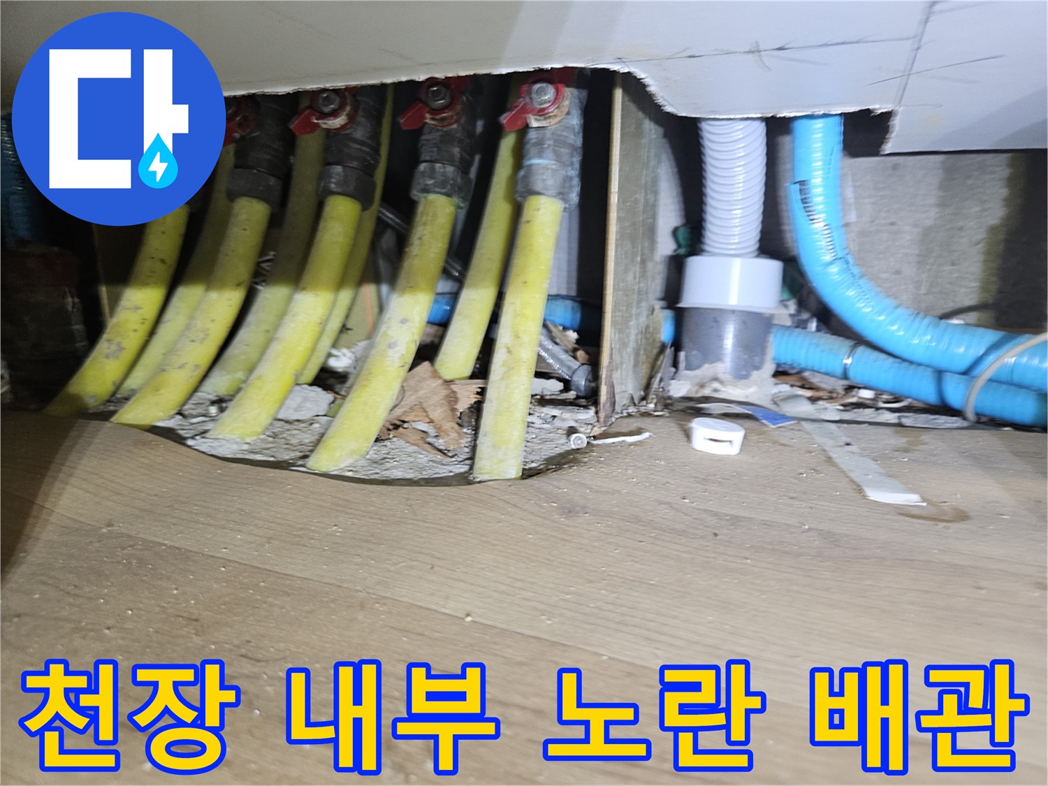 천장 하부의 노란색 하수 배관과 파란색 주름관