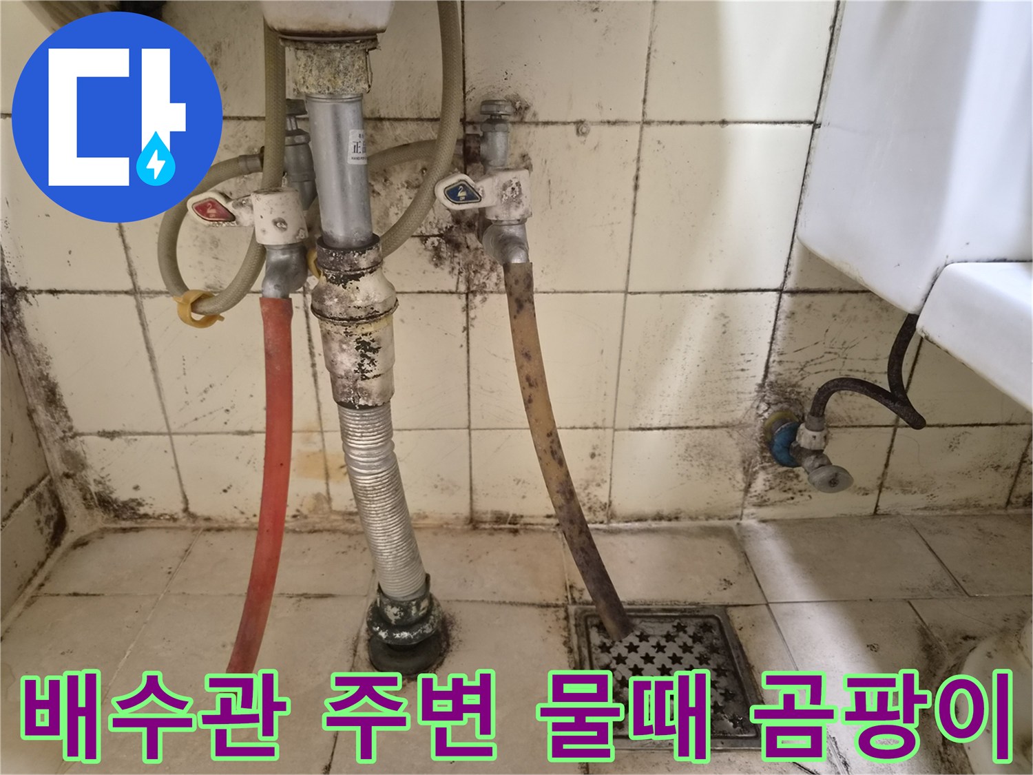 세면대 하단 밸브와 호스 연결 부위의 곰팡이 및 습기 현황