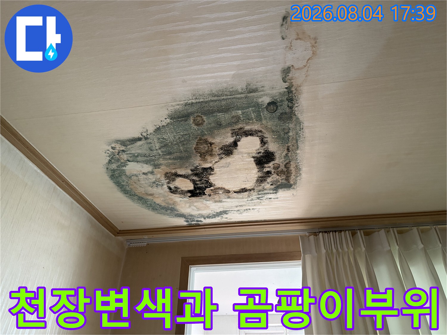 천장 내부에 습기가 머물며 발생한 곰팡이와 변색 현상