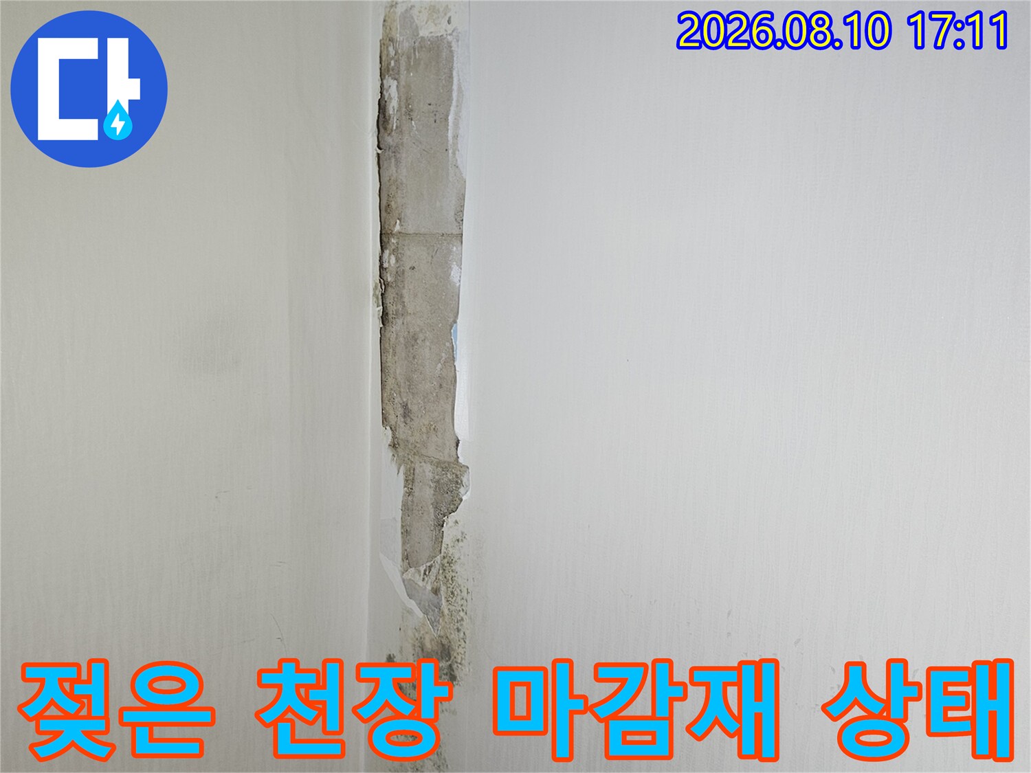 습기로 인해 곰팡이가 번지고 변색된 화장실 천장 모서리 부근