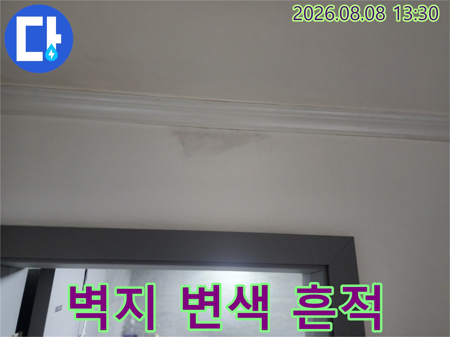 천장 벽지가 물에 젖어 어둡게 변한 부위를 근접 촬영한 이미지입니다.