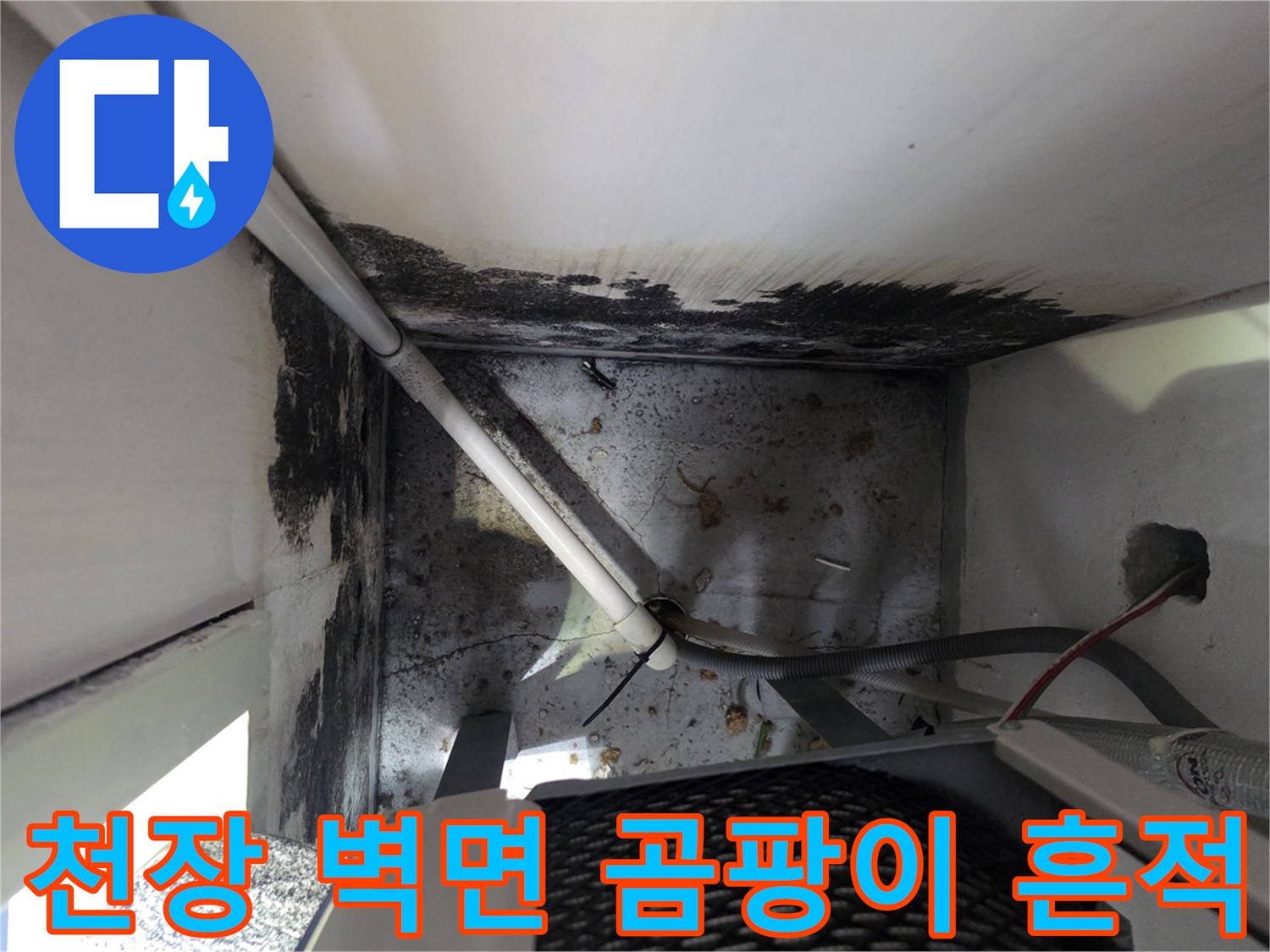 보일러실 천장 부근-검게 나타난 곰팡이와 습기 침투 현상