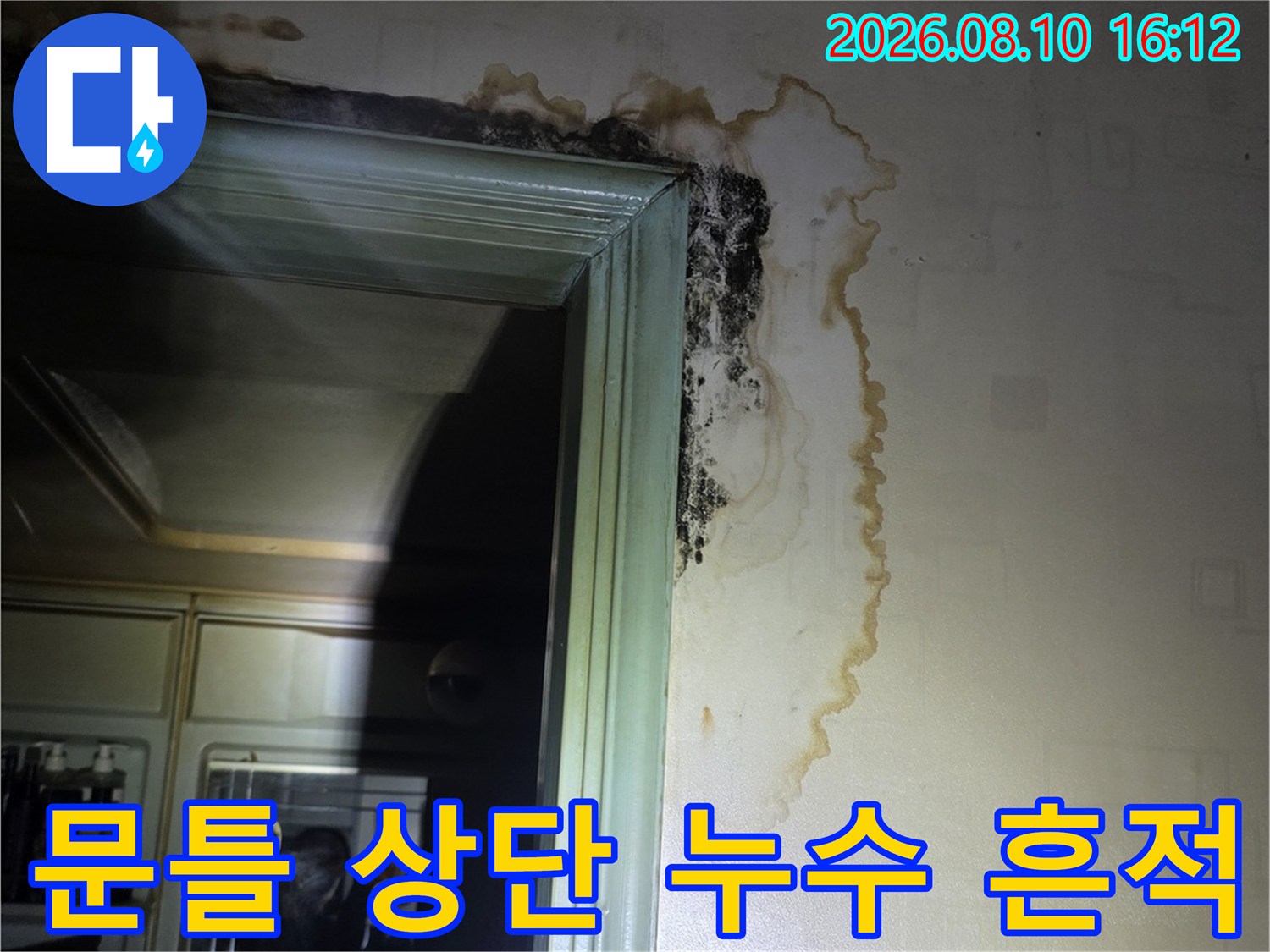 아파트 문틀 주변-젖어 있는 벽지와 곰팡이 발생 부위