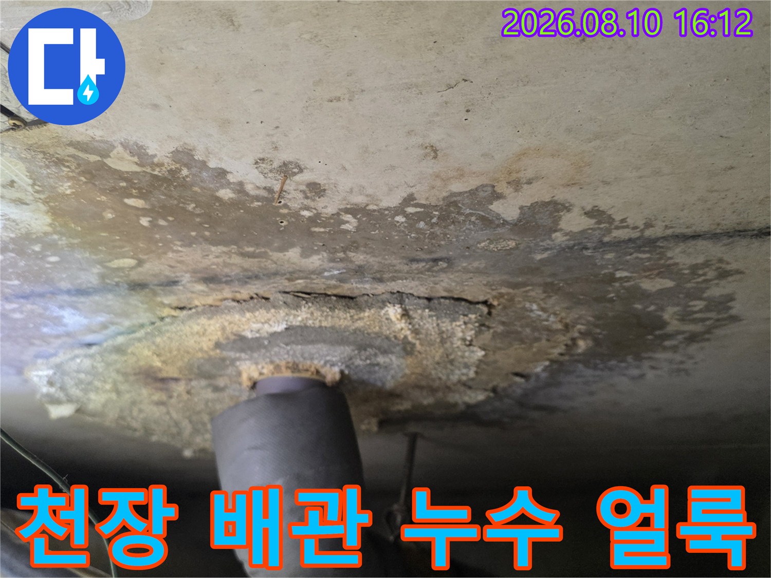천장 배관 주변-물로 인해 변색되고 곰팡이가 발생한 현장 상황