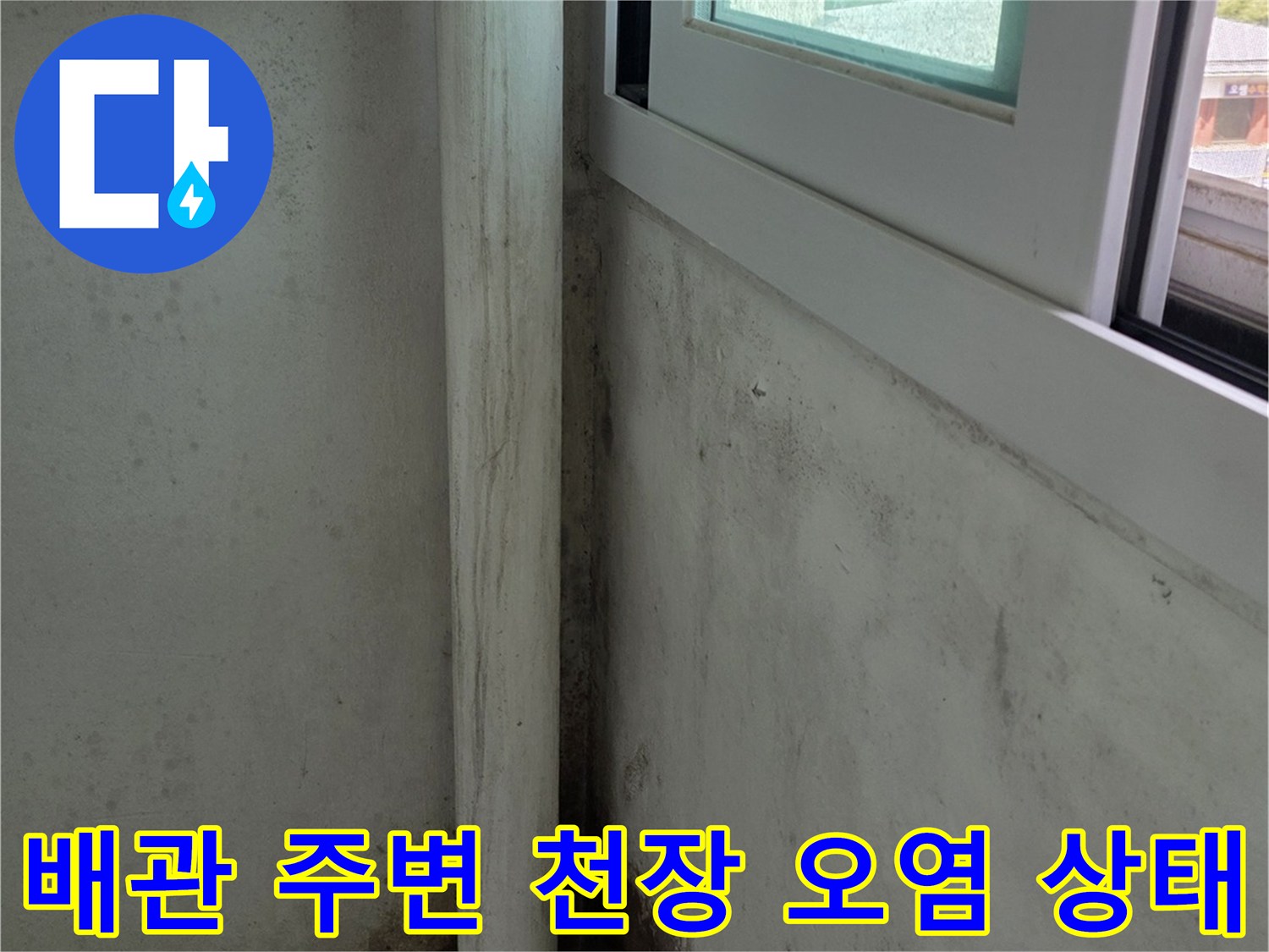 천장에-설치된-흰색-배관-주변으로-물샘-흔적과-곰팡이가-번져있는-베란다-내부