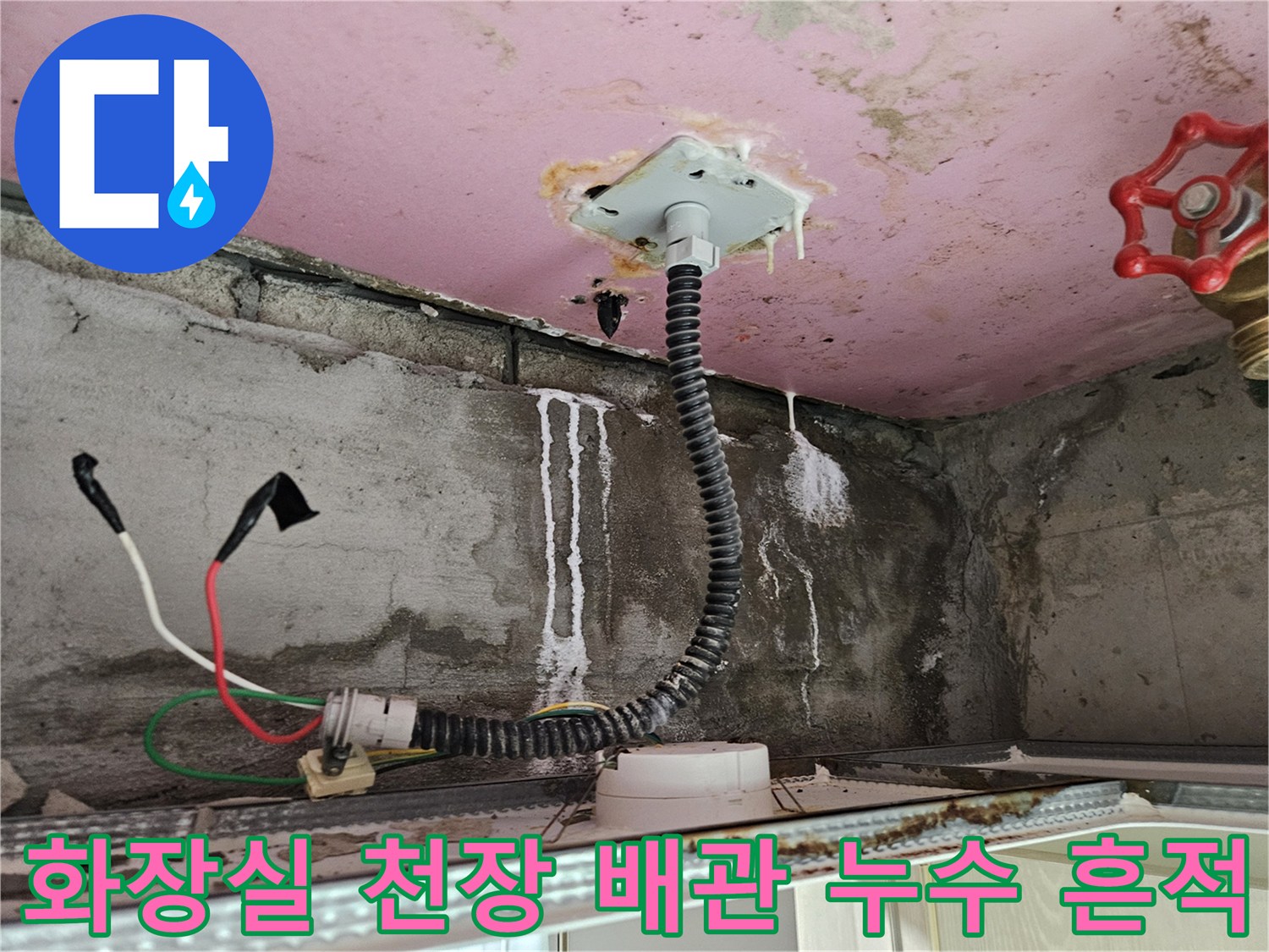 양주 옥정동 현장-화장실 천장 내부 배관 주변의 물자국과 석회 침착 상태