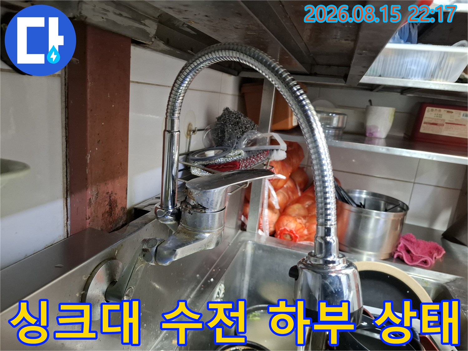 스테인리스 싱크대와 유연한 호스 형태의 수도꼭지입니다.