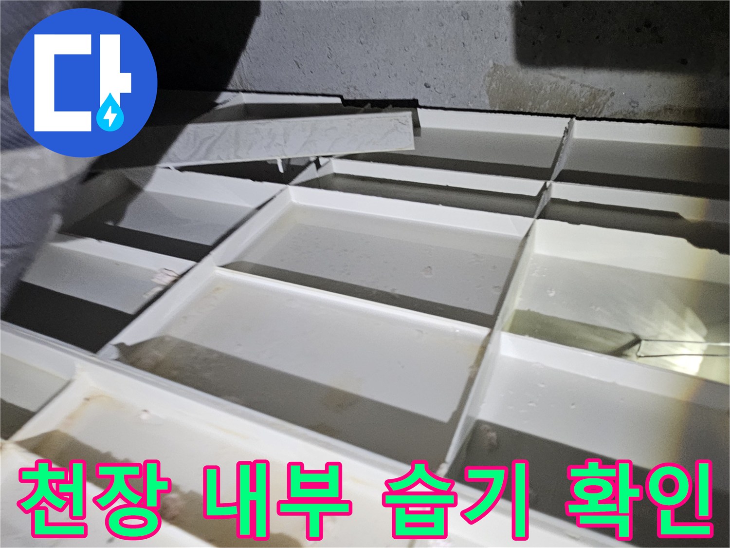 천장-마감재-사이로-보이는-배관-주변의-젖은-콘크리트