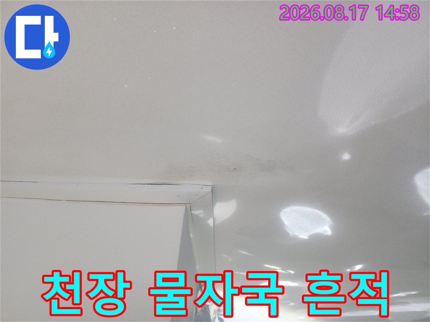 하얀 천장 마감재에 생긴-어두운 색상의 누수 침투 흔적