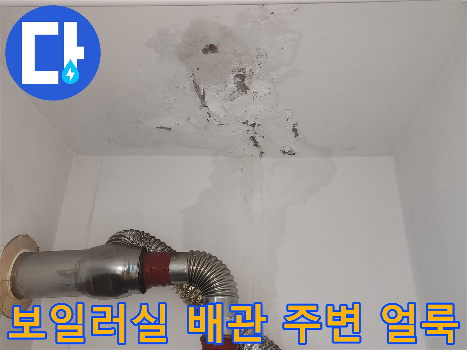 배관 부근의 물자국과 습기가 침투한 벽면 상태