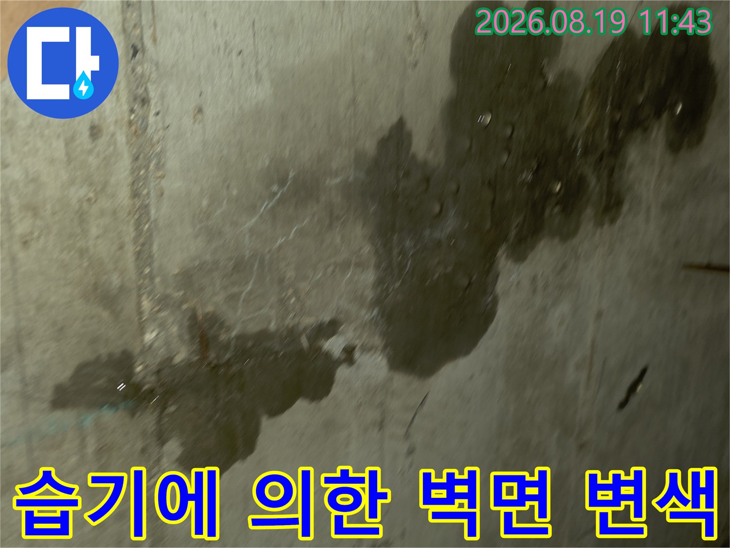 누수로 오염된 콘크리트 벽체-물샘으로 인해 형성된 짙은 얼룩과 습기