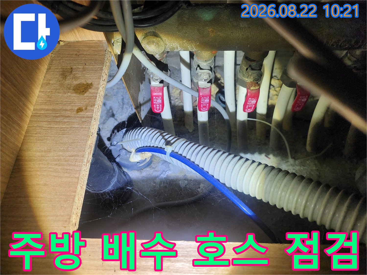 싱크대 하단 급수 밸브와 파란색 배수 호스의 연결 상태를 촬영한 사진입니다.